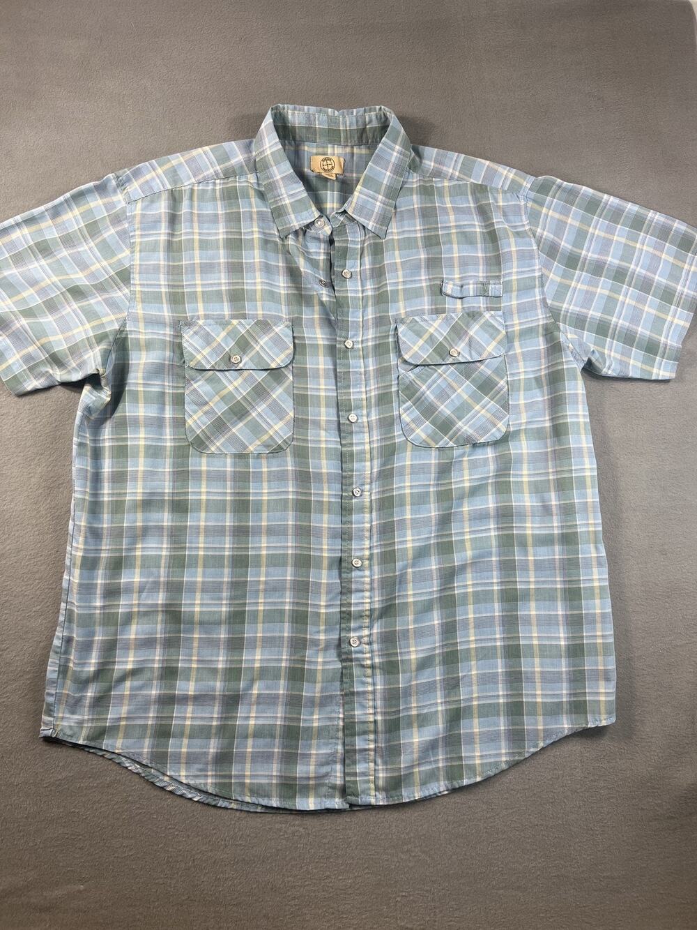 Haband Travelers Mens Short Sleeve Button-Up Shirt Size XL Blue Plaid Strips